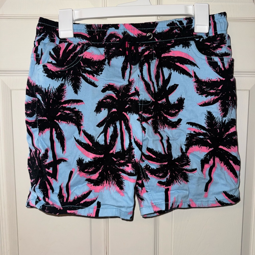 Fresh Blue and Pink Flat Front Shorts with Tropical Print - 7’